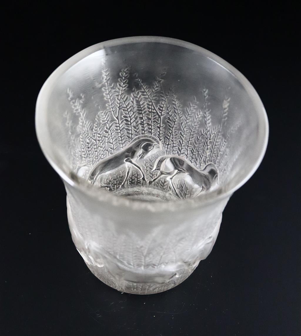 René Lalique. A pre-war frosted glass Chevaux pattern vase, no.1047, designed in 1930, 15.5cm high